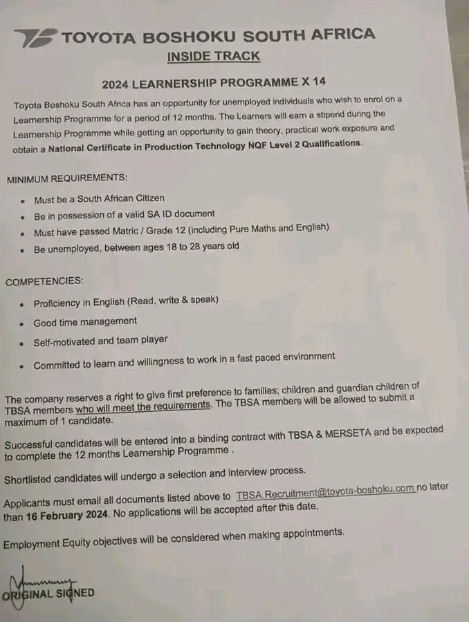 Toyota Boshoku South Africa Learnership 2024